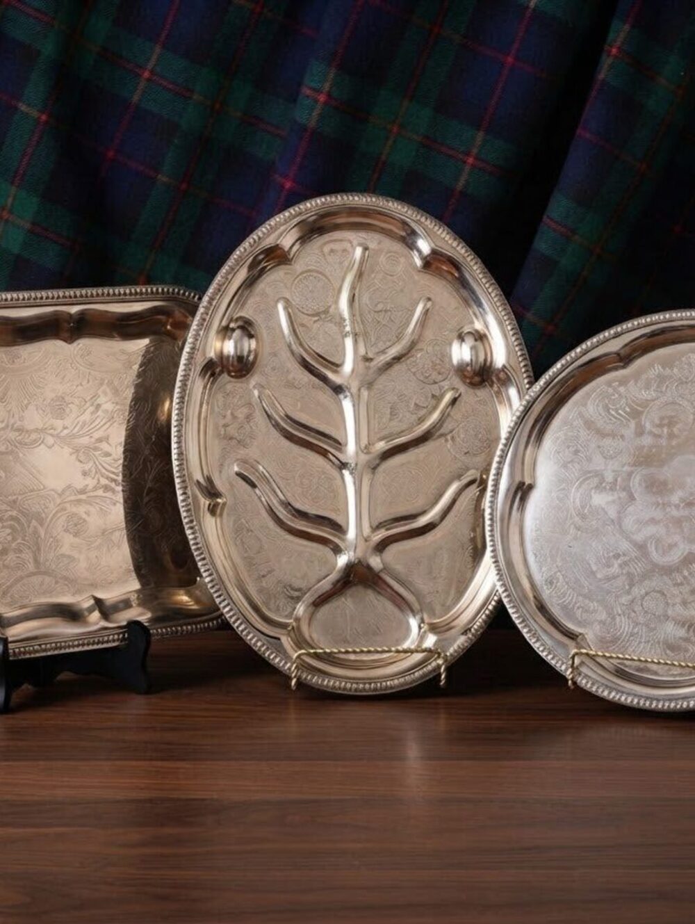 Vintage Silver tone etched Serving Tray Set - 3 piece